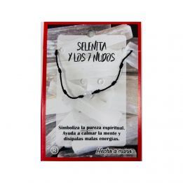 Pulsera 7 nudos negro cordón fino con Selenita